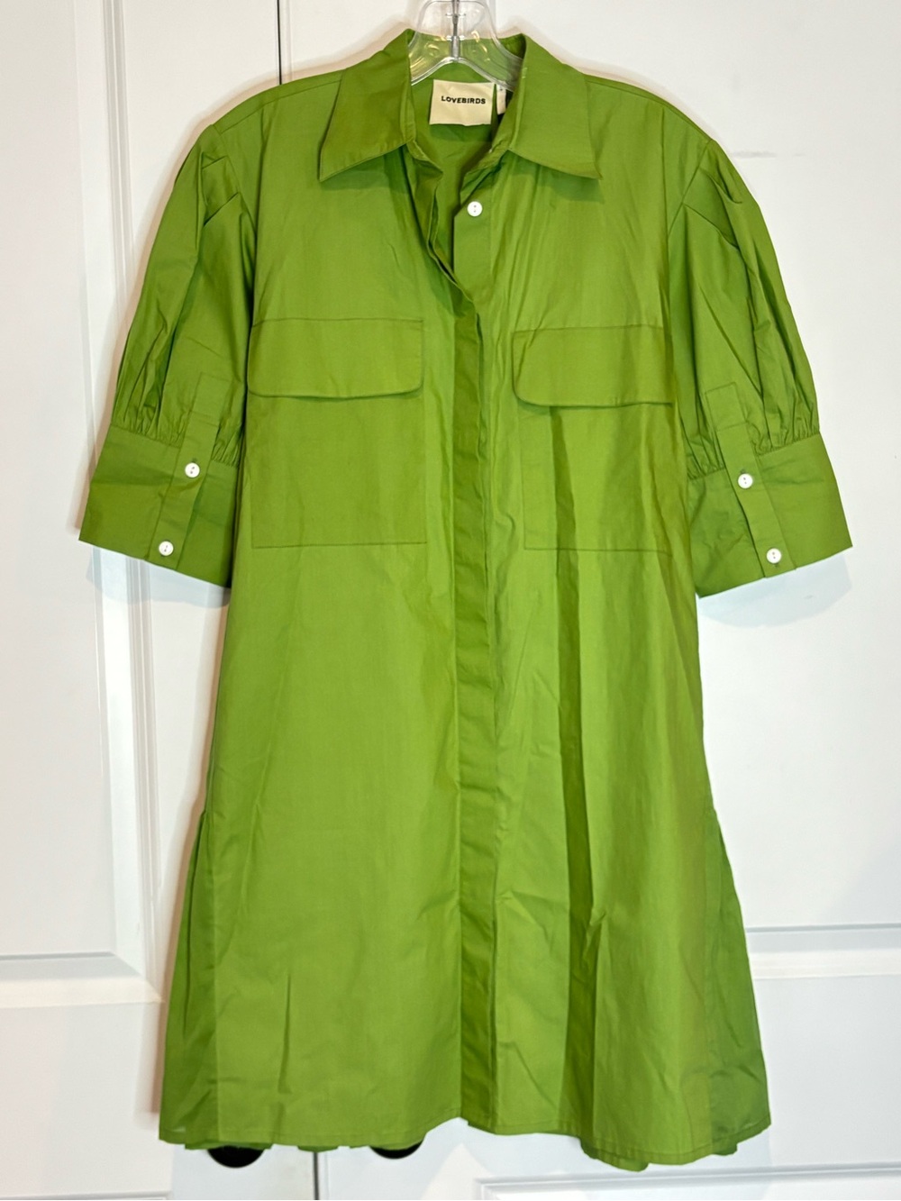 LOVEBIRDS Green White Stripe Short Puff Sleeve Tie Waist Utility Shirt Dress XS